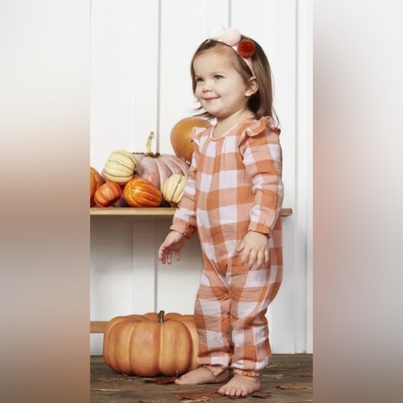 MUD PIE ORANGE PLAID BODYSUIT & HEADBAND SET• SIZE 9-12 MONTHS - Picture 2 of 8